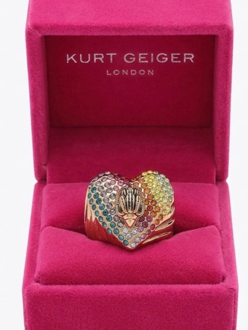 NEW Kurt Geiger London Rainbow Pavé Eagle Heart Statement Ring Gold-Tone Size 9